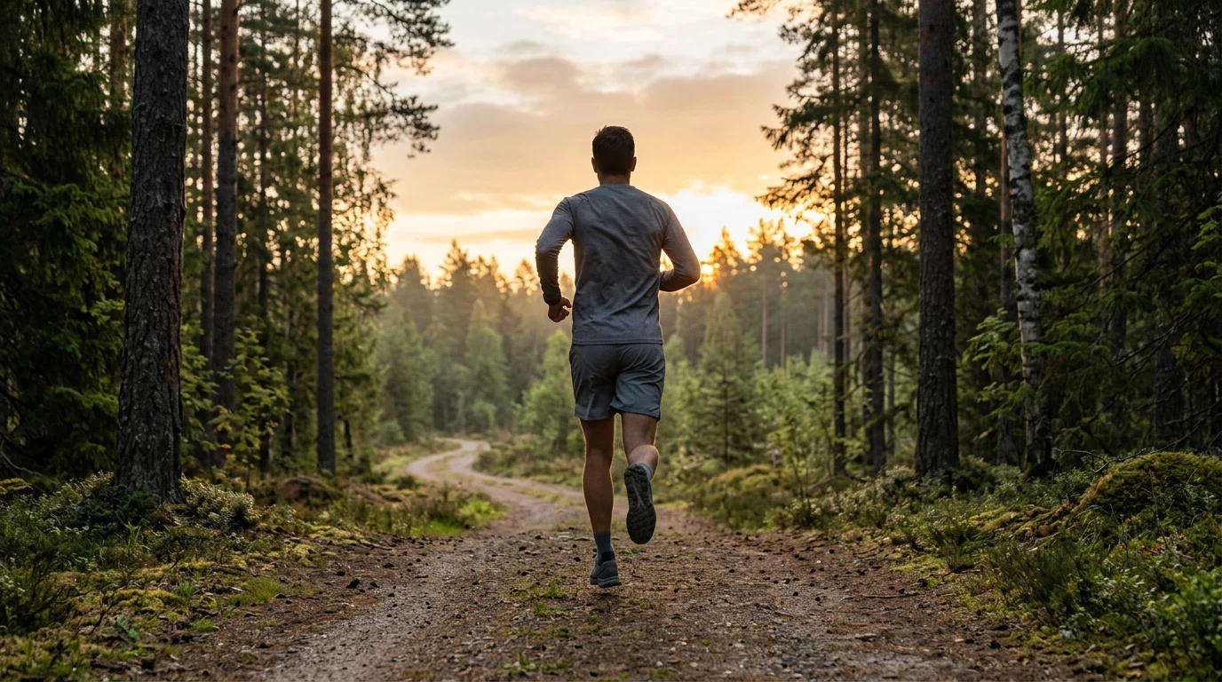 Aktiv man joggar i skogen - daglig hälsorutin för aktiva män